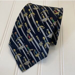 Museum Artifacts Mens Silk Tie Black Medieval Sword Rapier Pattern Handmade